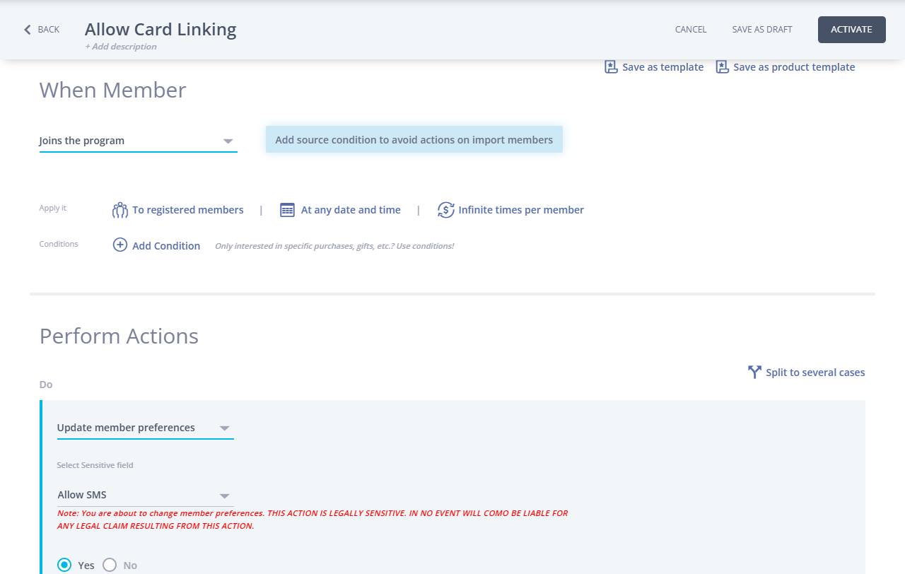 Added an Allow Card Linking field selection under the Update Member Preferences rule action.png